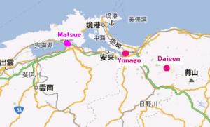 Map of Yonago and Daisen in relation to Matsue